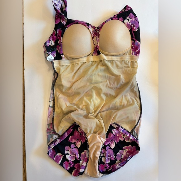 Azul black with purple & white floral print one-piece swimsuit size 12 - Picture 3 of 6